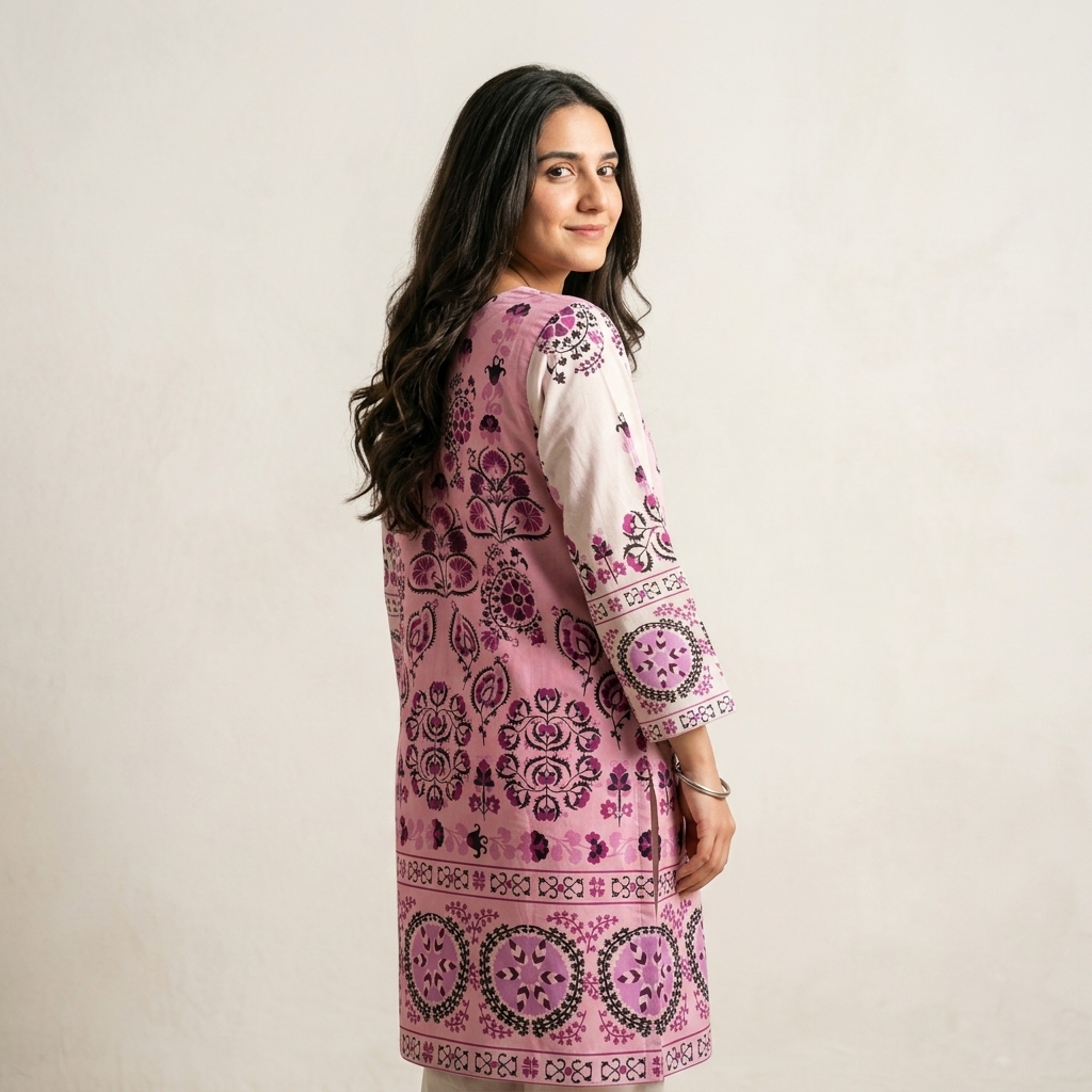 Digital Printed Lawn Kurta Black Pink